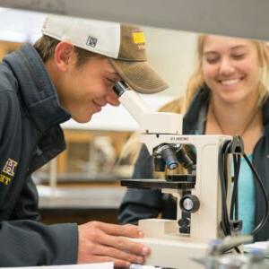 生物学 Program student looking through microscope